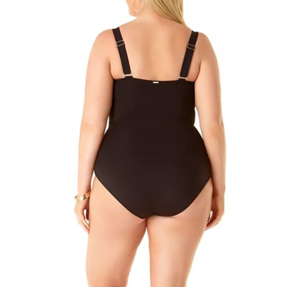 Anne Cole Plus Size Twist Front Shirred Bandeau One Piece Swimsuit Black 22W - Picture 2 of 7